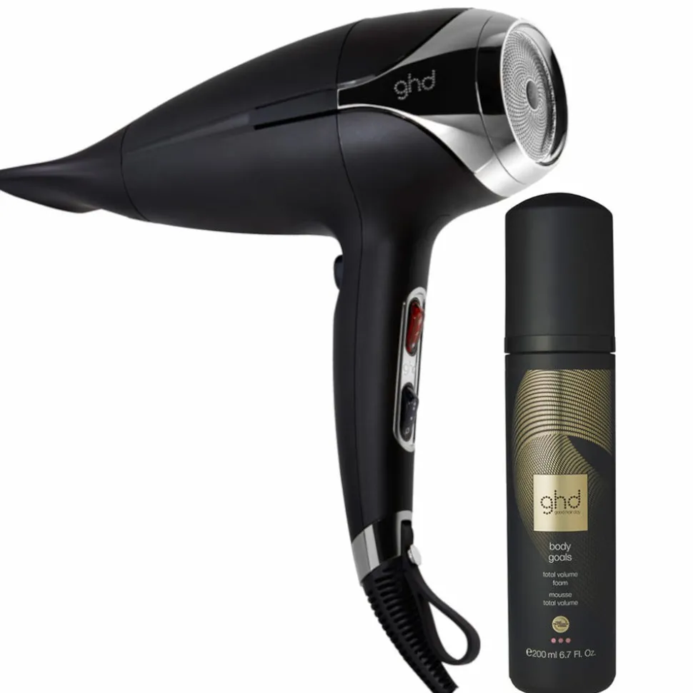 ghd helios Haartrockner schwarz & body goals Volumschaum Pflegebundle